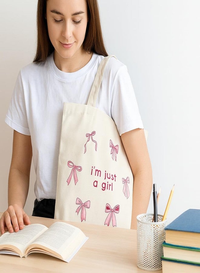 FUNKYFINDS “I’m Just a Girl” Cute Pink Bow Embroidery Tote Bag for Women - Aesthetic Canvas Shoulder Bag for Daily Use, Shopping, College & Travel, Office & Casual Outings - Image 2